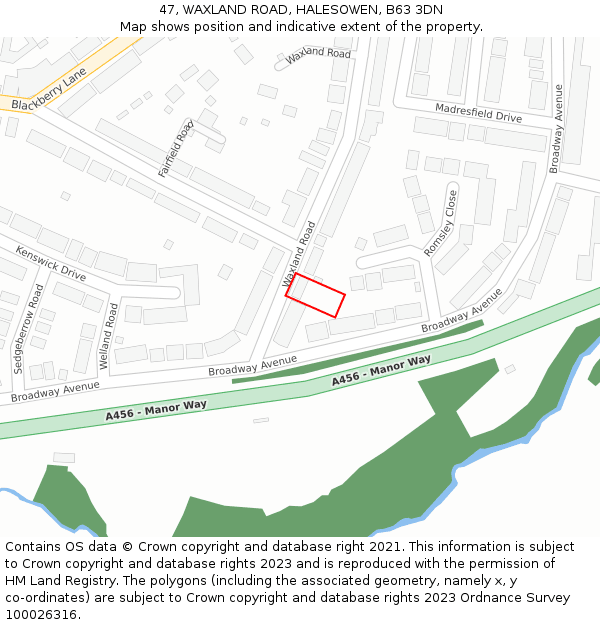 47, WAXLAND ROAD, HALESOWEN, B63 3DN: Location map and indicative extent of plot