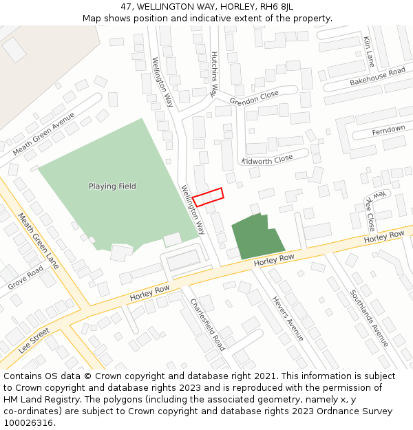 47, WELLINGTON WAY, HORLEY, RH6 8JL: Location map and indicative extent of plot