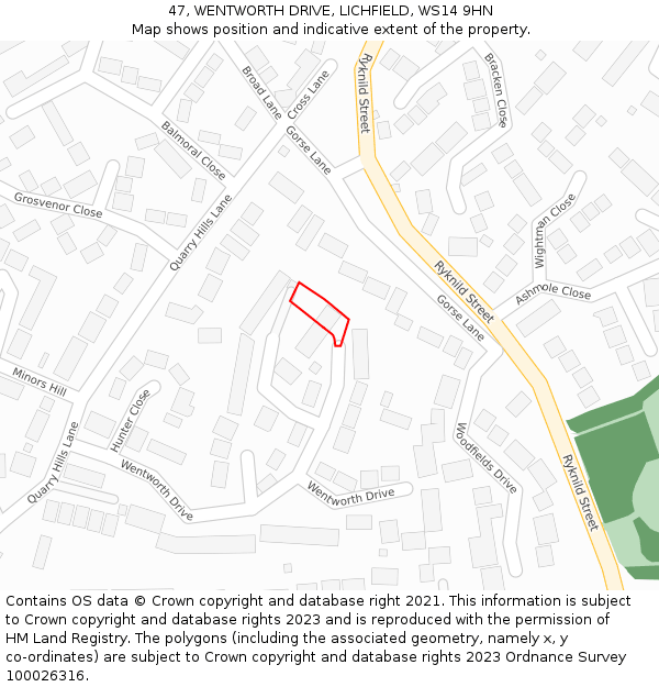 47, WENTWORTH DRIVE, LICHFIELD, WS14 9HN: Location map and indicative extent of plot