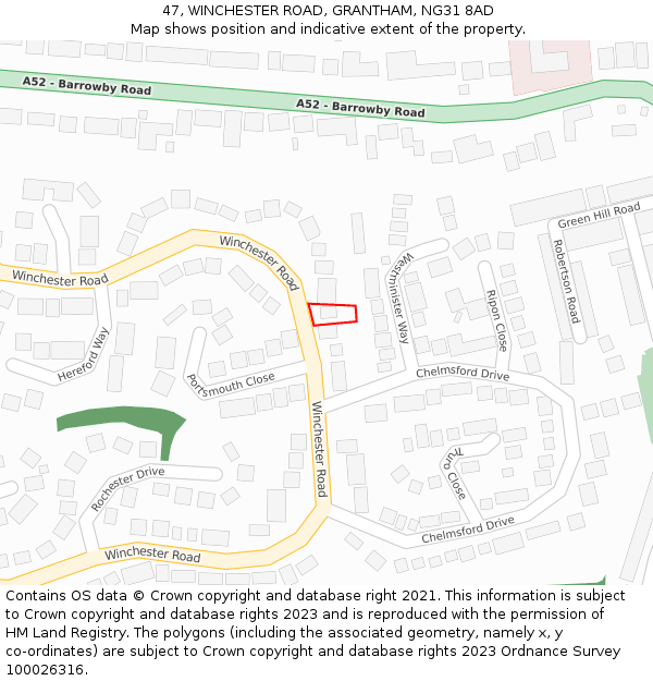 47, WINCHESTER ROAD, GRANTHAM, NG31 8AD: Location map and indicative extent of plot