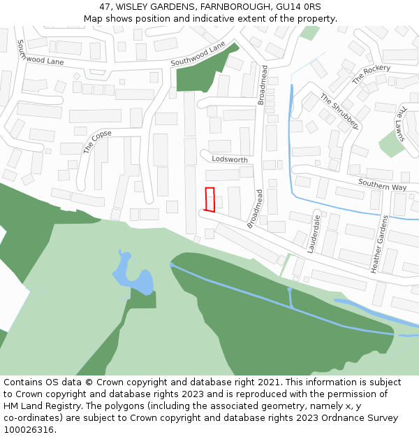 47, WISLEY GARDENS, FARNBOROUGH, GU14 0RS: Location map and indicative extent of plot