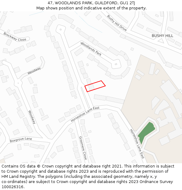 47, WOODLANDS PARK, GUILDFORD, GU1 2TJ: Location map and indicative extent of plot