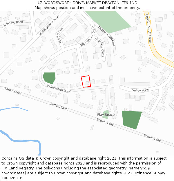 47, WORDSWORTH DRIVE, MARKET DRAYTON, TF9 1ND: Location map and indicative extent of plot