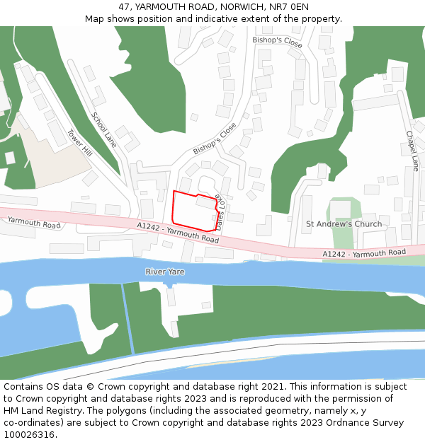 47, YARMOUTH ROAD, NORWICH, NR7 0EN: Location map and indicative extent of plot