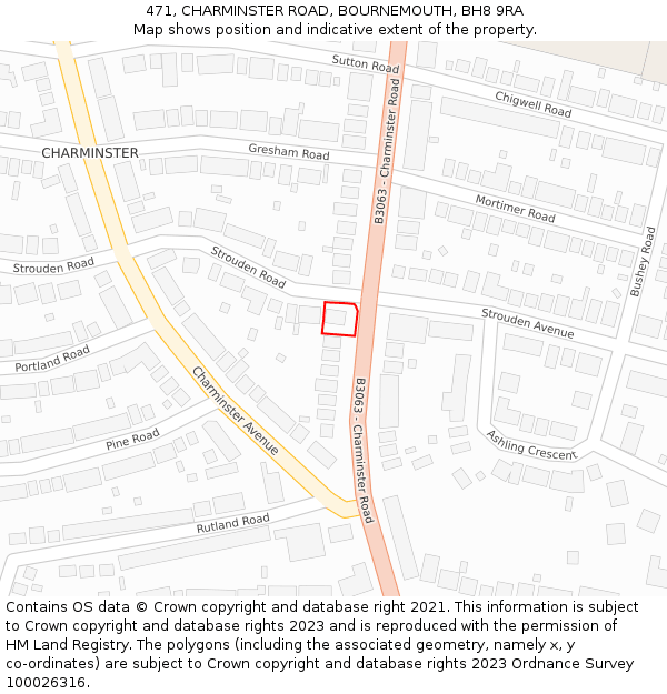 471, CHARMINSTER ROAD, BOURNEMOUTH, BH8 9RA: Location map and indicative extent of plot