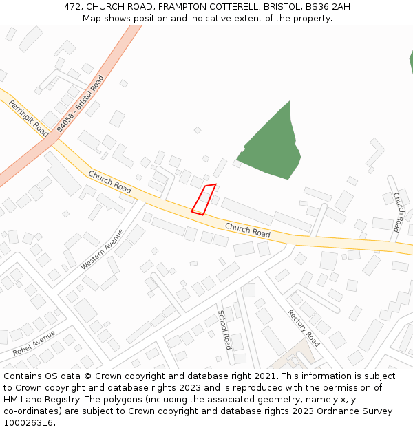 472, CHURCH ROAD, FRAMPTON COTTERELL, BRISTOL, BS36 2AH: Location map and indicative extent of plot