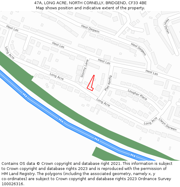 47A, LONG ACRE, NORTH CORNELLY, BRIDGEND, CF33 4BE: Location map and indicative extent of plot