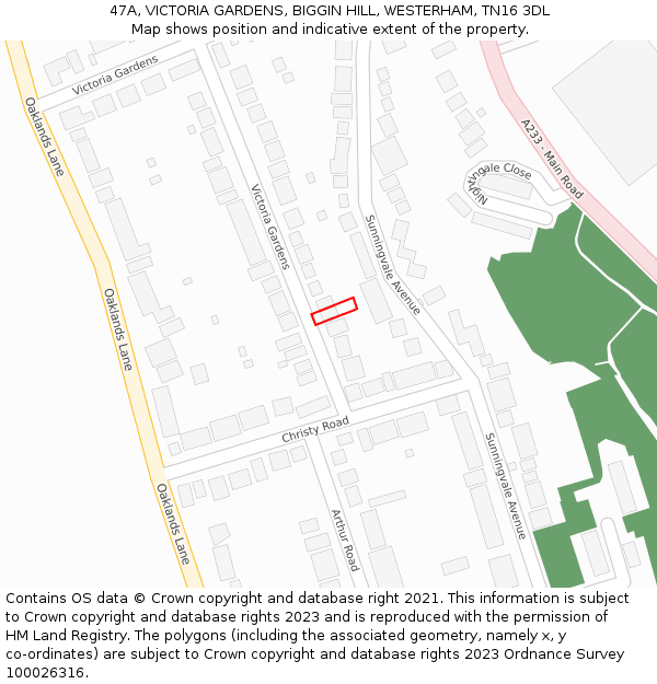 47A, VICTORIA GARDENS, BIGGIN HILL, WESTERHAM, TN16 3DL: Location map and indicative extent of plot