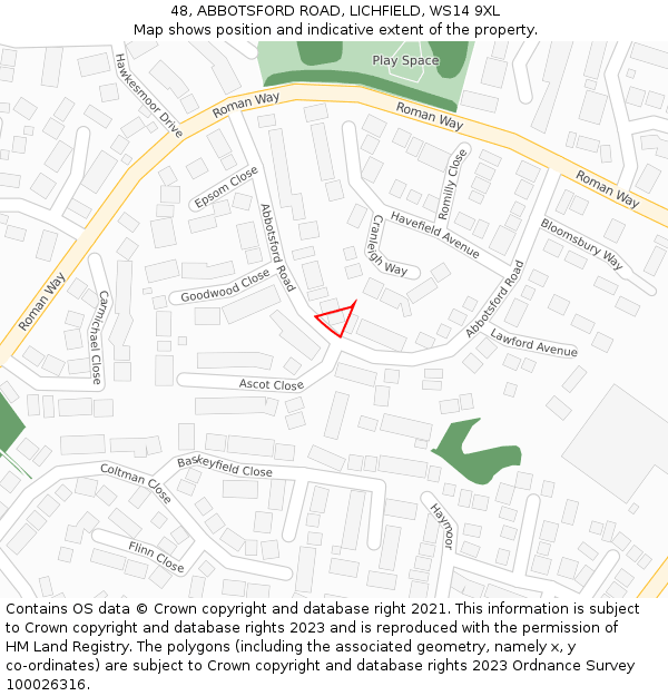48, ABBOTSFORD ROAD, LICHFIELD, WS14 9XL: Location map and indicative extent of plot