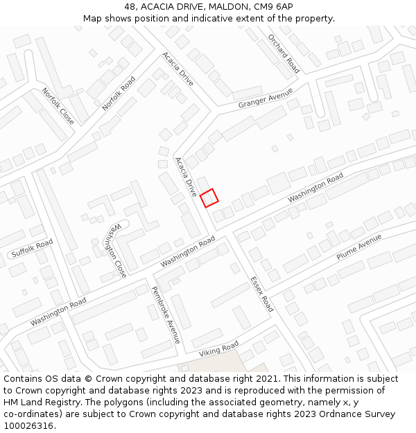 48, ACACIA DRIVE, MALDON, CM9 6AP: Location map and indicative extent of plot