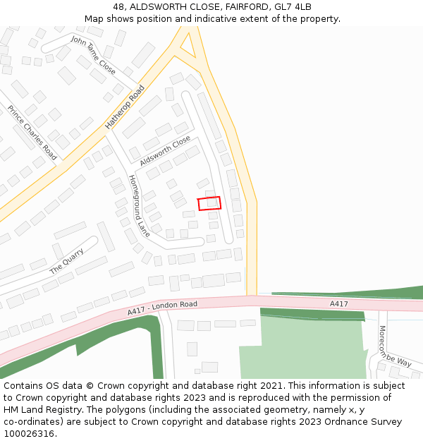 48, ALDSWORTH CLOSE, FAIRFORD, GL7 4LB: Location map and indicative extent of plot