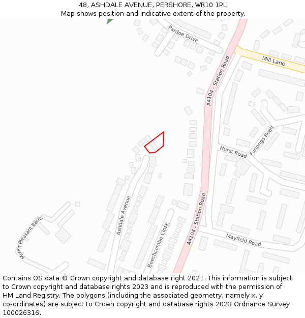48, ASHDALE AVENUE, PERSHORE, WR10 1PL: Location map and indicative extent of plot