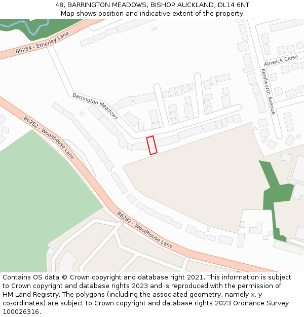 48, BARRINGTON MEADOWS, BISHOP AUCKLAND, DL14 6NT: Location map and indicative extent of plot