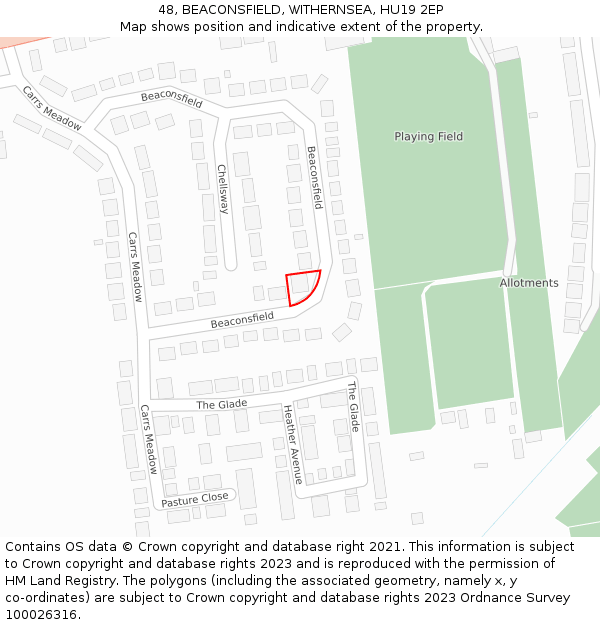 48, BEACONSFIELD, WITHERNSEA, HU19 2EP: Location map and indicative extent of plot