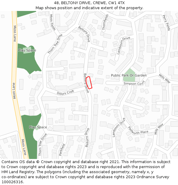 48, BELTONY DRIVE, CREWE, CW1 4TX: Location map and indicative extent of plot