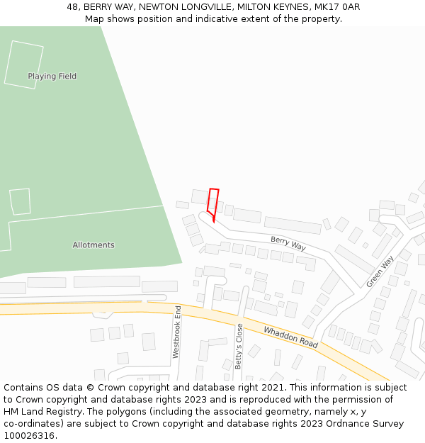 48, BERRY WAY, NEWTON LONGVILLE, MILTON KEYNES, MK17 0AR: Location map and indicative extent of plot