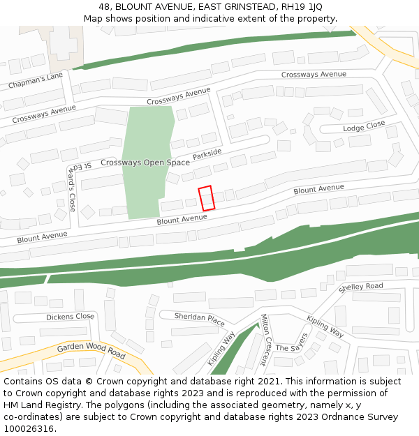 48, BLOUNT AVENUE, EAST GRINSTEAD, RH19 1JQ: Location map and indicative extent of plot