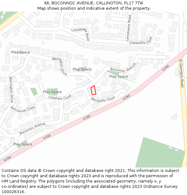 48, BOCONNOC AVENUE, CALLINGTON, PL17 7TW: Location map and indicative extent of plot