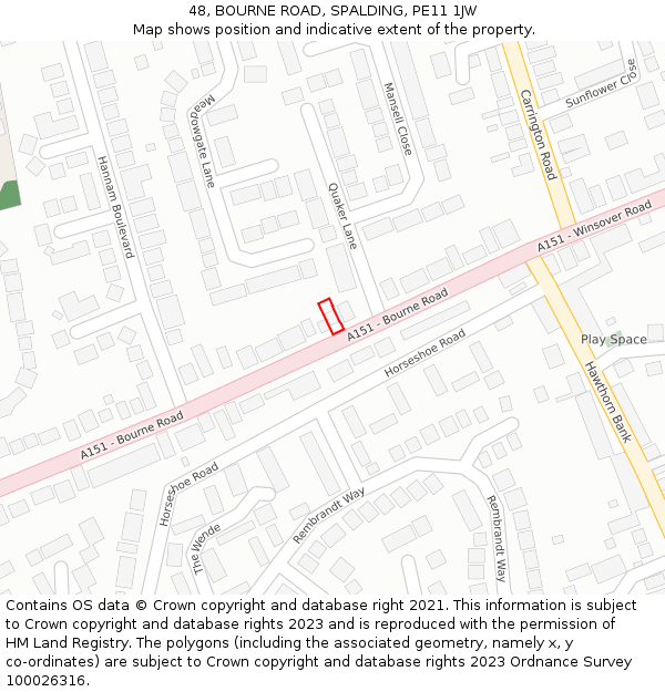 48, BOURNE ROAD, SPALDING, PE11 1JW: Location map and indicative extent of plot