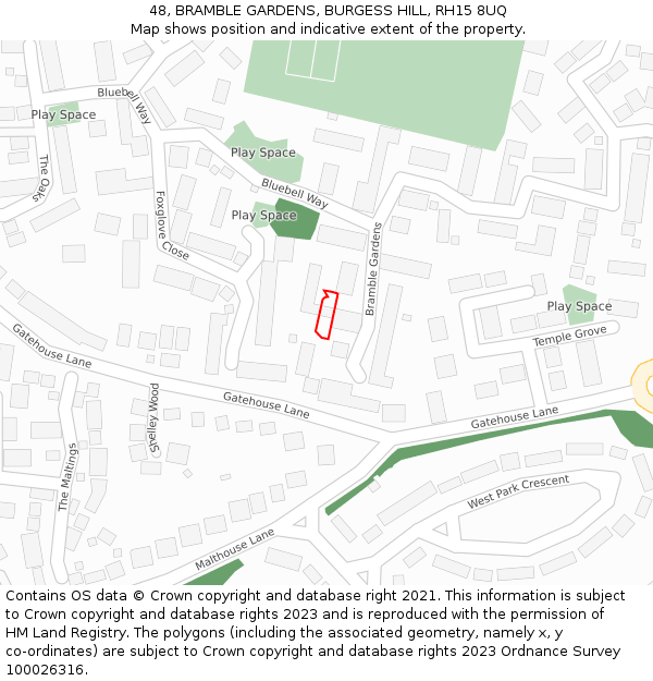 48, BRAMBLE GARDENS, BURGESS HILL, RH15 8UQ: Location map and indicative extent of plot