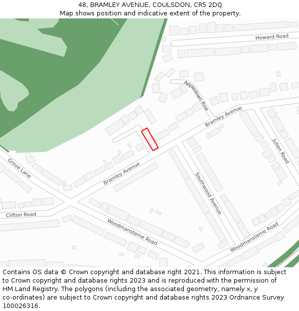 48, BRAMLEY AVENUE, COULSDON, CR5 2DQ: Location map and indicative extent of plot