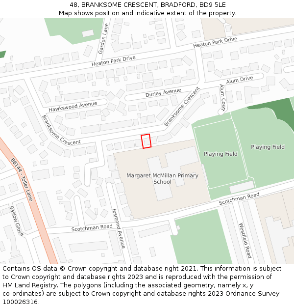 48, BRANKSOME CRESCENT, BRADFORD, BD9 5LE: Location map and indicative extent of plot