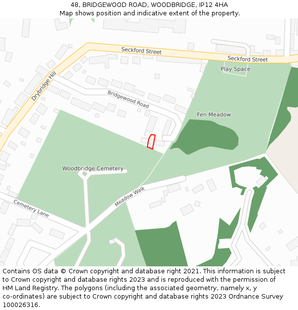 48, BRIDGEWOOD ROAD, WOODBRIDGE, IP12 4HA: Location map and indicative extent of plot