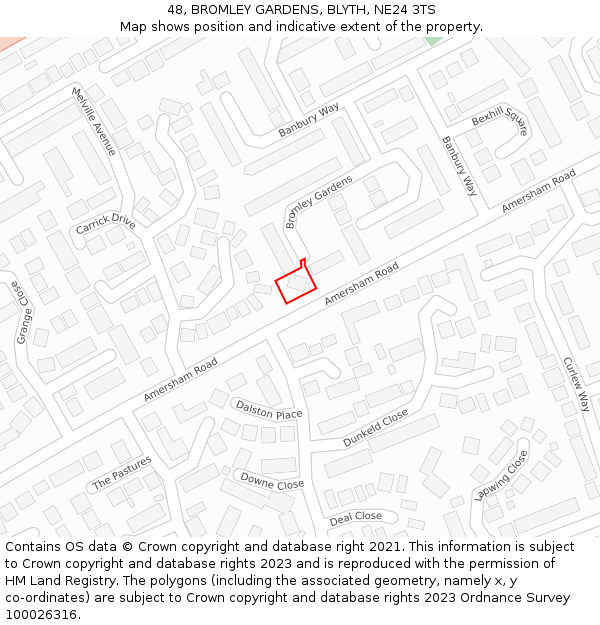 48, BROMLEY GARDENS, BLYTH, NE24 3TS: Location map and indicative extent of plot