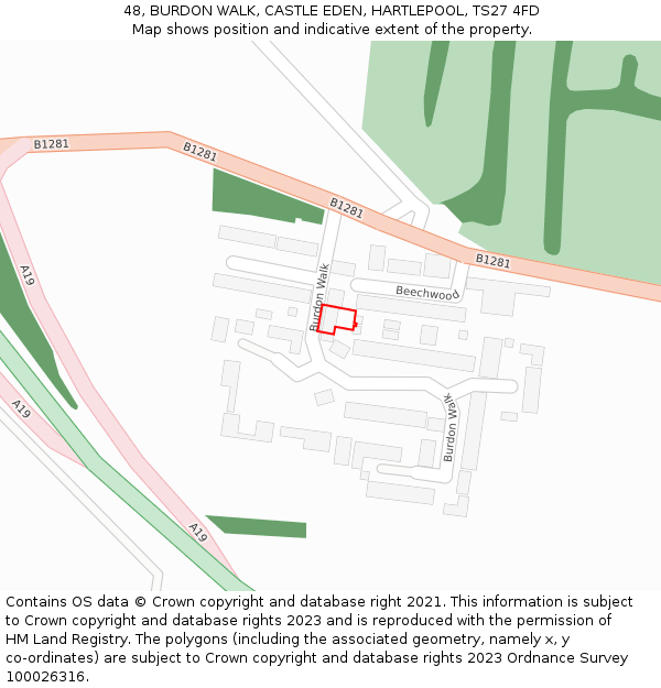 48, BURDON WALK, CASTLE EDEN, HARTLEPOOL, TS27 4FD: Location map and indicative extent of plot