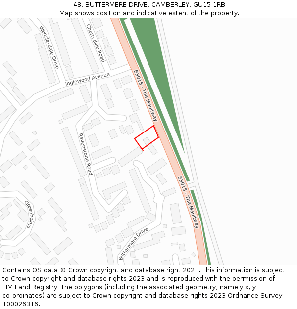 48, BUTTERMERE DRIVE, CAMBERLEY, GU15 1RB: Location map and indicative extent of plot