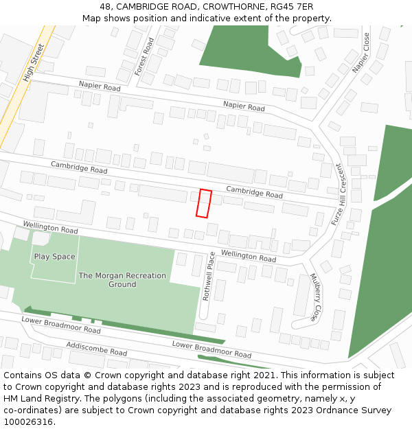 48, CAMBRIDGE ROAD, CROWTHORNE, RG45 7ER: Location map and indicative extent of plot