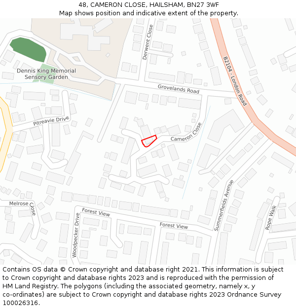 48, CAMERON CLOSE, HAILSHAM, BN27 3WF: Location map and indicative extent of plot