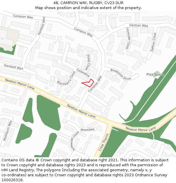 48, CAMPION WAY, RUGBY, CV23 0UR: Location map and indicative extent of plot