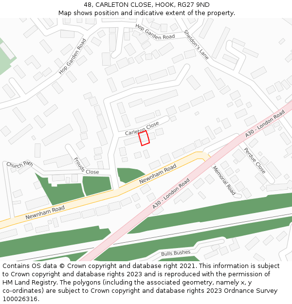 48, CARLETON CLOSE, HOOK, RG27 9ND: Location map and indicative extent of plot