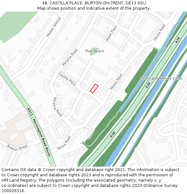 48, CASTILLA PLACE, BURTON-ON-TRENT, DE13 0SU: Location map and indicative extent of plot