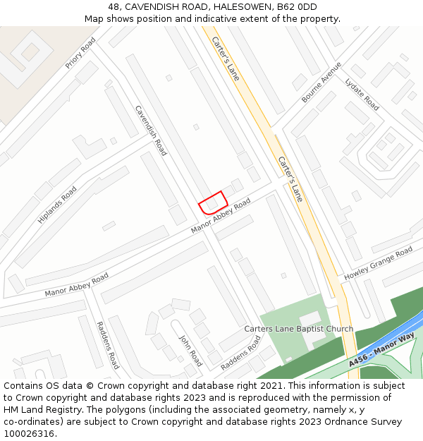 48, CAVENDISH ROAD, HALESOWEN, B62 0DD: Location map and indicative extent of plot