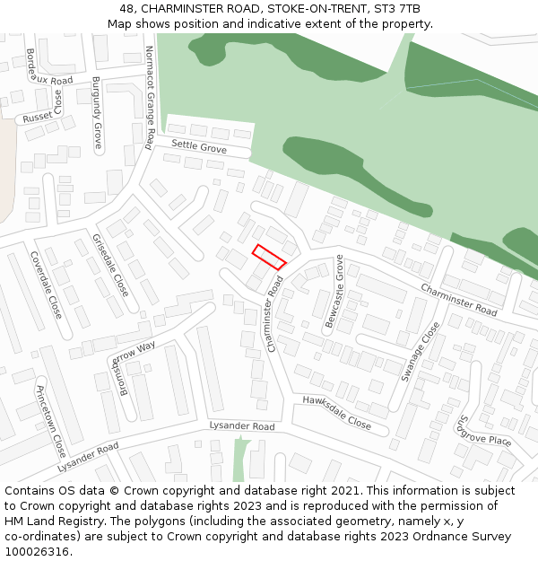 48, CHARMINSTER ROAD, STOKE-ON-TRENT, ST3 7TB: Location map and indicative extent of plot