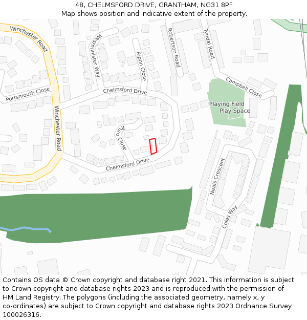 48, CHELMSFORD DRIVE, GRANTHAM, NG31 8PF: Location map and indicative extent of plot