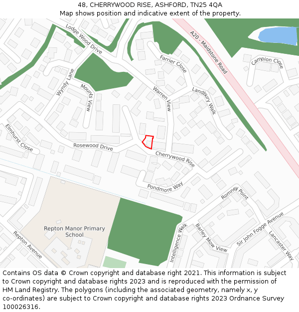48, CHERRYWOOD RISE, ASHFORD, TN25 4QA: Location map and indicative extent of plot