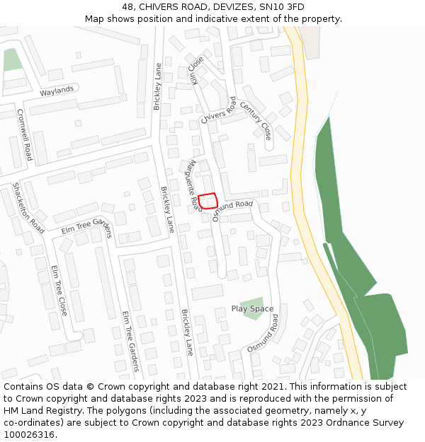 48, CHIVERS ROAD, DEVIZES, SN10 3FD: Location map and indicative extent of plot