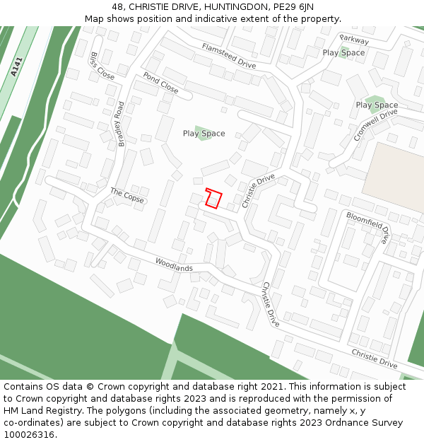 48, CHRISTIE DRIVE, HUNTINGDON, PE29 6JN: Location map and indicative extent of plot