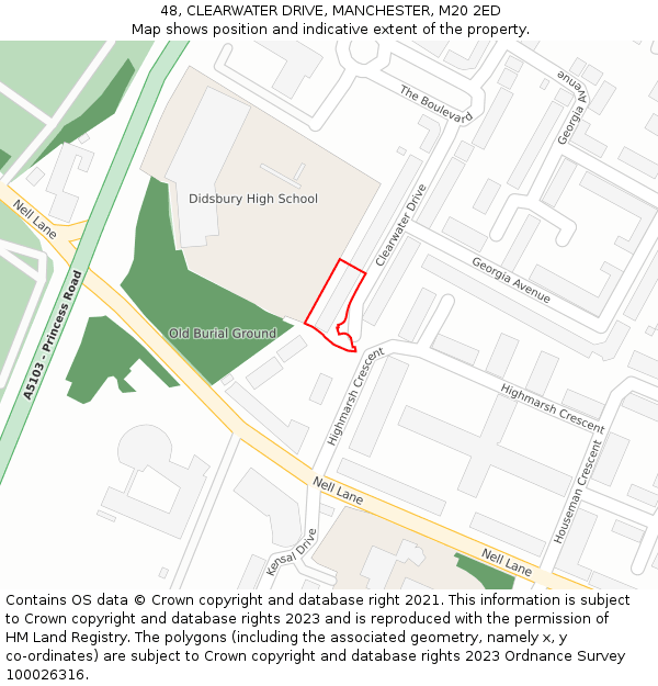 48, CLEARWATER DRIVE, MANCHESTER, M20 2ED: Location map and indicative extent of plot
