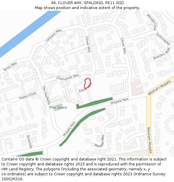 48, CLOVER WAY, SPALDING, PE11 3GD: Location map and indicative extent of plot