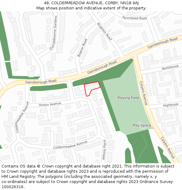 48, COLDERMEADOW AVENUE, CORBY, NN18 9AJ: Location map and indicative extent of plot