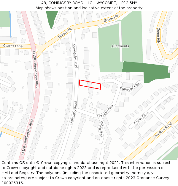 48, CONINGSBY ROAD, HIGH WYCOMBE, HP13 5NY: Location map and indicative extent of plot
