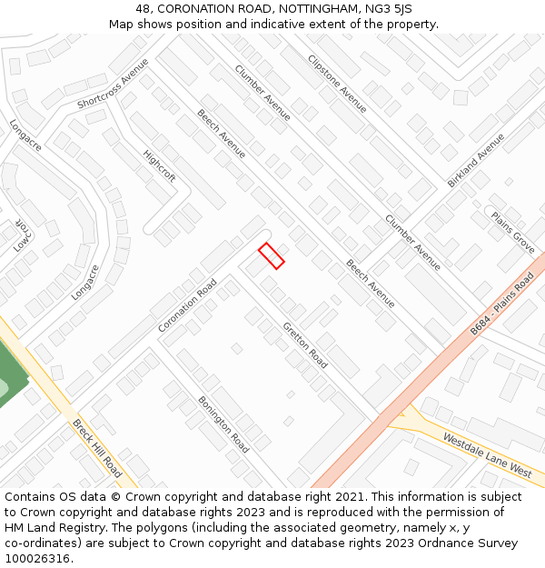48, CORONATION ROAD, NOTTINGHAM, NG3 5JS: Location map and indicative extent of plot
