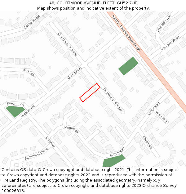48, COURTMOOR AVENUE, FLEET, GU52 7UE: Location map and indicative extent of plot