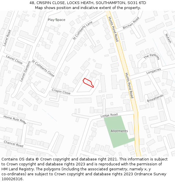 48, CRISPIN CLOSE, LOCKS HEATH, SOUTHAMPTON, SO31 6TD: Location map and indicative extent of plot