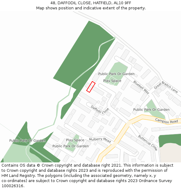 48, DAFFODIL CLOSE, HATFIELD, AL10 9FF: Location map and indicative extent of plot