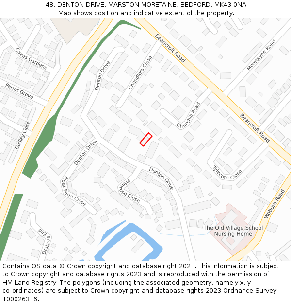 48, DENTON DRIVE, MARSTON MORETAINE, BEDFORD, MK43 0NA: Location map and indicative extent of plot